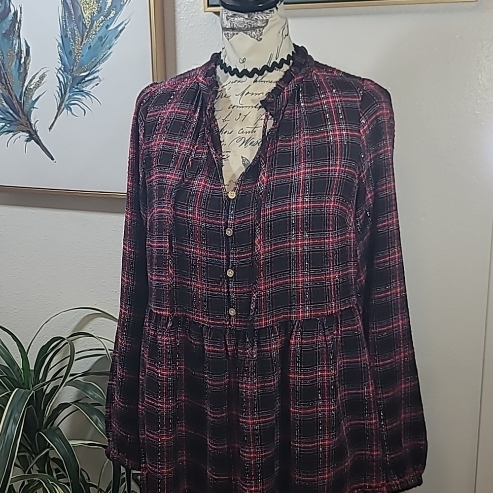 LOFT plaid metalic gold strip prairie dress - Picture 2 of 11
